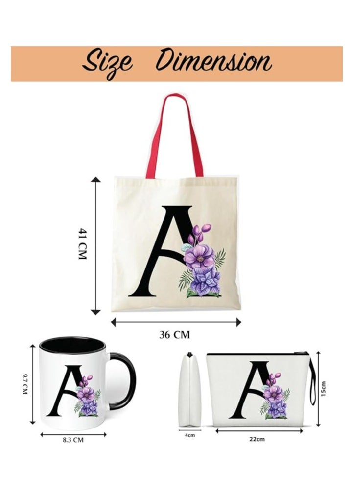 PRINTSHOP4ME Initial Letters Canvas Cotton Tote Bag With Red Handle and Cosmetic pouch for girls - Mug gifts - Pack of 3 Combo set -Giftset for wedding - Gifts for girls - Gift for friends  - Image 3