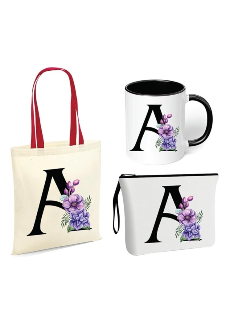 PRINTSHOP4ME Initial Letters Canvas Cotton Tote Bag With Red Handle and Cosmetic pouch for girls - Mug gifts - Pack of 3 Combo set -Giftset for wedding - Gifts for girls - Gift for friends  - Image 1