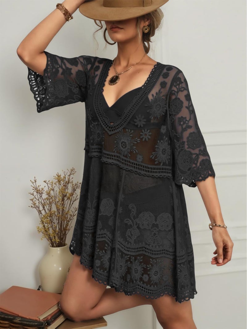 Eomenie Women's Contrast Lace Bathing Suit Cover Up V-Neck Swimsuit Coverups Loose Swimwear Beach Dress Beachwear - Image 5