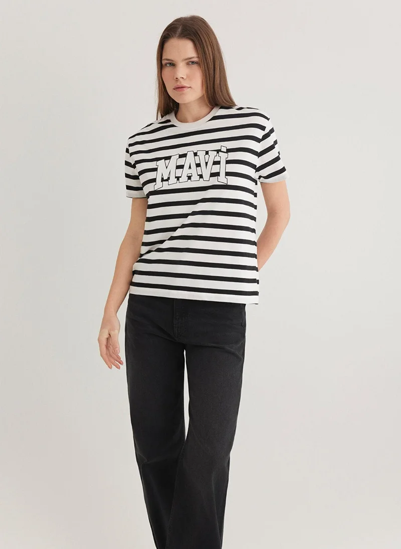 مافي Mavi Logo Printed Black Striped T-Shirt