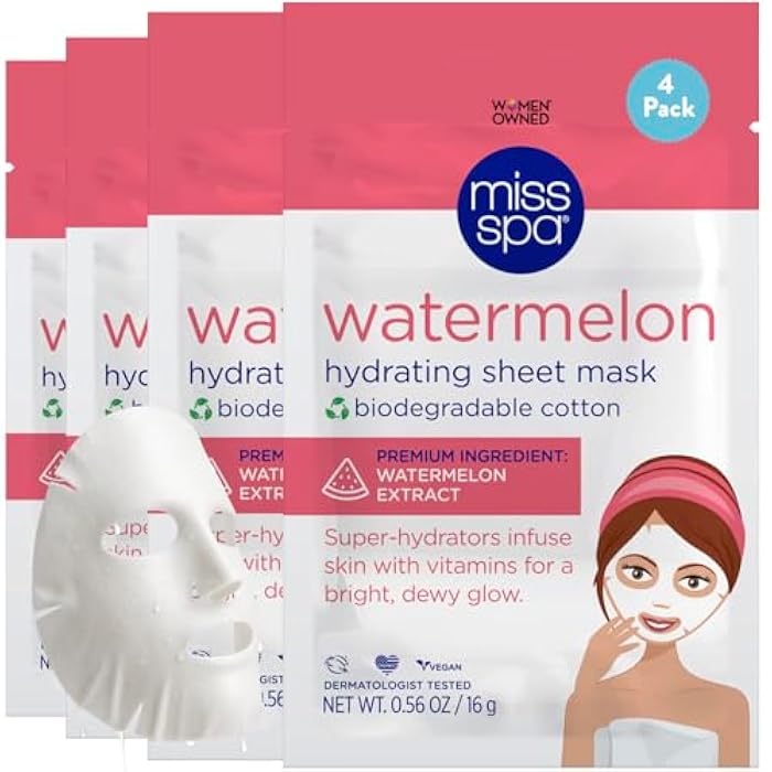 MISS SPA Watermelon Hydrating Sheet Mask for Face, Brightening & Moisturizing Face Mask Hydrate and Refresh Skin, Anti-Aging Skin Care Products For Women, Face Sheet Mask, 4 Pack - Image 1