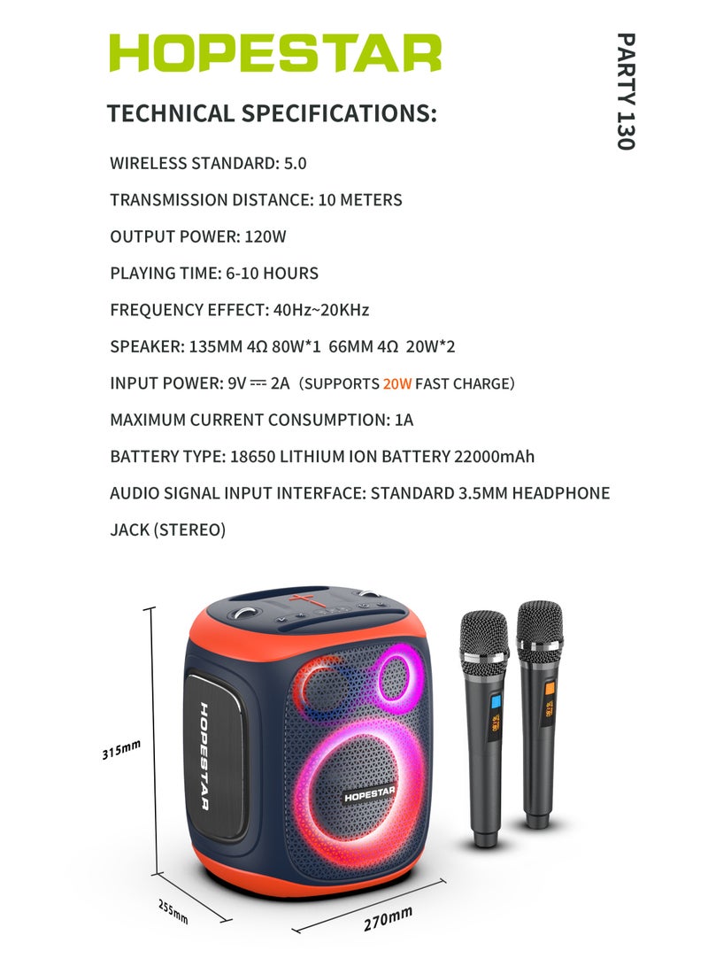 HOPESTAR Party 130 Portable Bluetooth Speaker with 120W Powerful Audio, 80W Bass Horn, Dual Wireless Microphones, IPX5 Waterproof, 22000mAh Battery, 10-Hour Playback – Perfect for Outdoor Parties, Karaoke, and Events - Image 4
