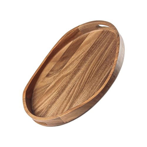KITEISCAT Acacia Wood Serving Tray with Handles - 17"x13" Round, Decorative Ottoman Tray for Living Room, Coffee Table, Breakfast in Bed, Candle Display - Image 1