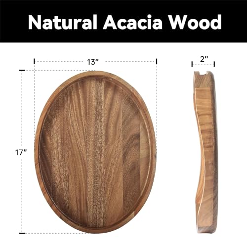 KITEISCAT Acacia Wood Serving Tray with Handles - 17"x13" Round, Decorative Ottoman Tray for Living Room, Coffee Table, Breakfast in Bed, Candle Display - Image 2
