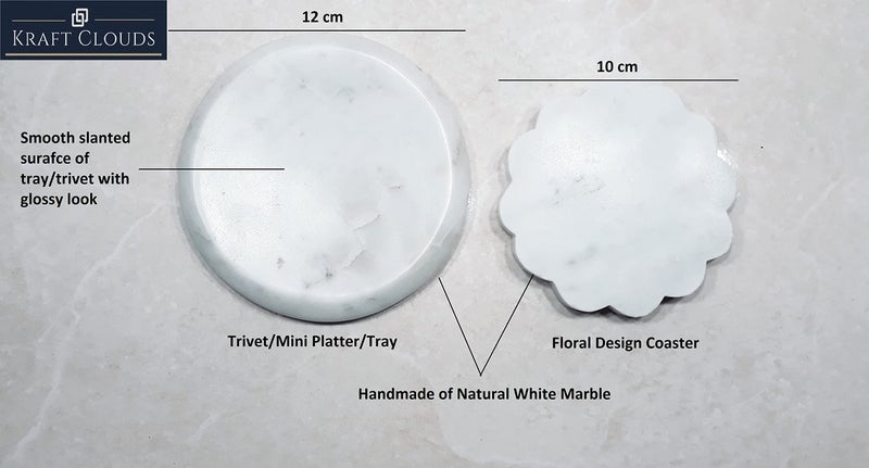 KRAFT CLOUDS Marble Trivet (Mini Platter) & Coasters | Jewellery Tray (1Pc. of 12 cm) & Office Tea Coasters (2Pcs. of 10 cm) | Handmade of White Stone | Set of 3 Pcs. - Image 2