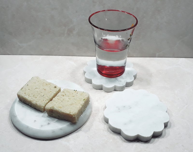 KRAFT CLOUDS Marble Trivet (Mini Platter) & Coasters | Jewellery Tray (1Pc. of 12 cm) & Office Tea Coasters (2Pcs. of 10 cm) | Handmade of White Stone | Set of 3 Pcs. - Image 5