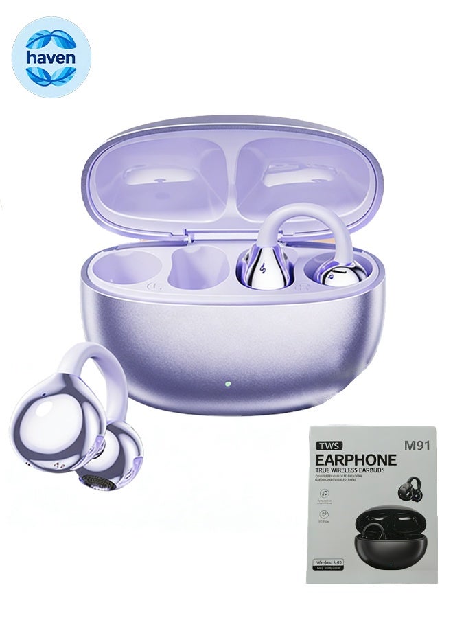 HAVEN M91 Clip-On Wireless Earphones, Bluetooth Earbuds with AI Translation, Long Battery Life and Long-Lasting Wear, Distraction-Free Calling, USB-C Charging Case, Compatible with Android and iPhone Smartphones - Purple - Image 1