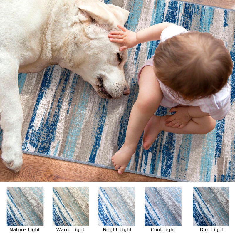 Lansny Modern Abstract Runner Rug 2x10, Blue Washable Long Kitchen Non-Slip Soft Hallway Thin Print Faux Wool Carpet for Entryway Bedroom Laundry Room Indoor Home Decor - Image 3