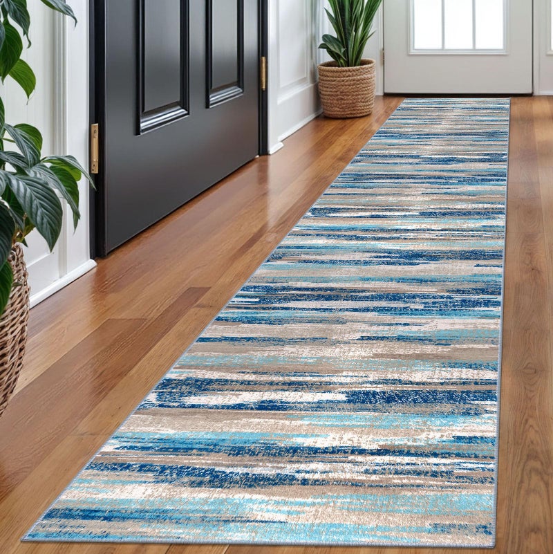 Lansny Modern Abstract Runner Rug 2x10, Blue Washable Long Kitchen Non-Slip Soft Hallway Thin Print Faux Wool Carpet for Entryway Bedroom Laundry Room Indoor Home Decor - Image 1