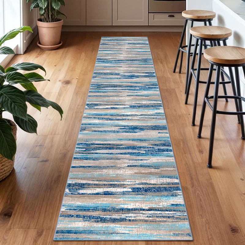 Lansny Modern Abstract Runner Rug 2x10, Blue Washable Long Kitchen Non-Slip Soft Hallway Thin Print Faux Wool Carpet for Entryway Bedroom Laundry Room Indoor Home Decor - Image 2