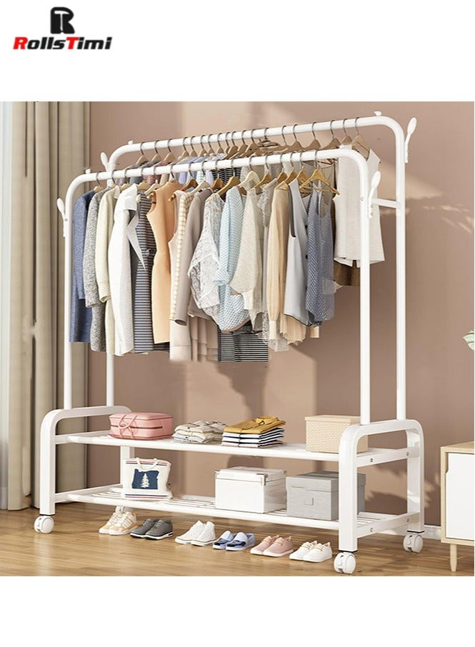 RollsTimi  Double Rods Clothes Rack with Wheels, Rolling Clothing Garment Rack with 2 Bottom Shelves & 4 Side Hooks, Heavy Duty Clothes Organizer for Bedroom, Laundry, Living Room, White - Image 1