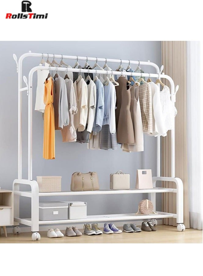 RollsTimi  Double Rods Clothes Rack with Wheels, Rolling Clothing Garment Rack with 2 Bottom Shelves & 4 Side Hooks, Heavy Duty Clothes Organizer for Bedroom, Laundry, Living Room, White - Image 2