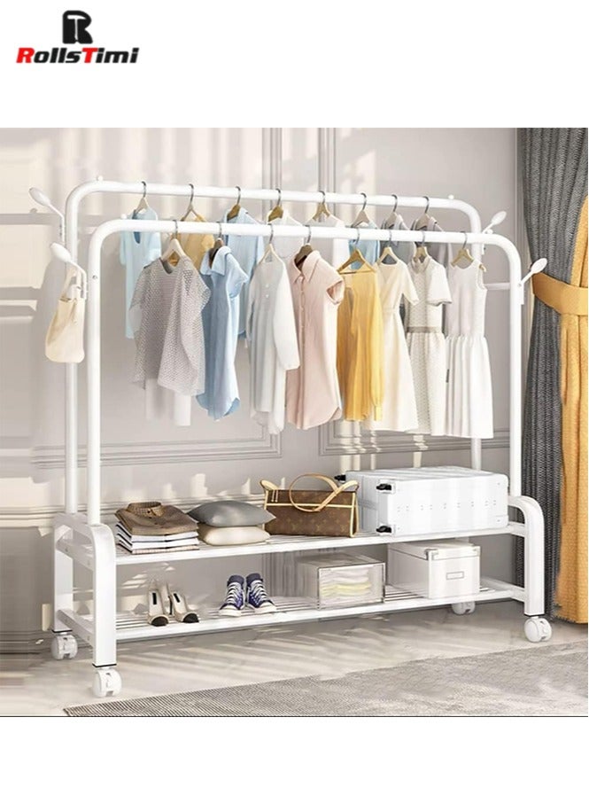 RollsTimi  Double Rods Clothes Rack with Wheels, Rolling Clothing Garment Rack with 2 Bottom Shelves & 4 Side Hooks, Heavy Duty Clothes Organizer for Bedroom, Laundry, Living Room, White - Image 3