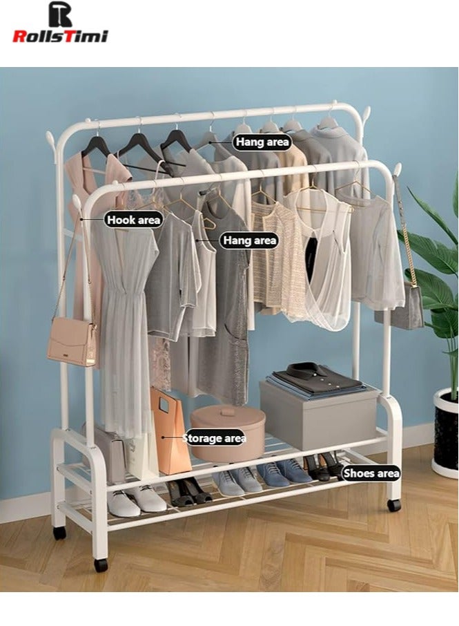 RollsTimi  Double Rods Clothes Rack with Wheels, Rolling Clothing Garment Rack with 2 Bottom Shelves & 4 Side Hooks, Heavy Duty Clothes Organizer for Bedroom, Laundry, Living Room, White - Image 4