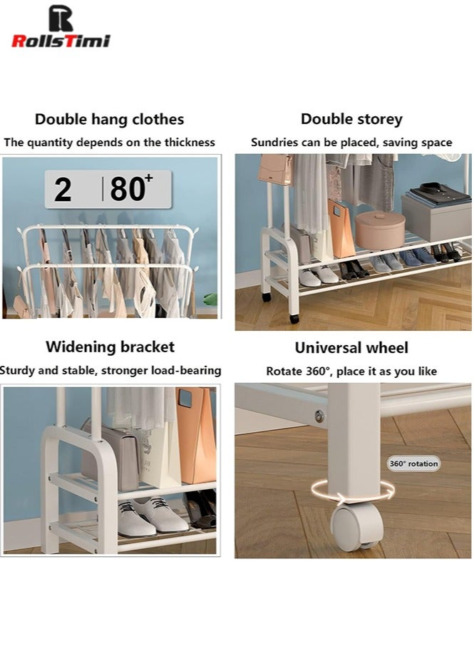 RollsTimi  Double Rods Clothes Rack with Wheels, Rolling Clothing Garment Rack with 2 Bottom Shelves & 4 Side Hooks, Heavy Duty Clothes Organizer for Bedroom, Laundry, Living Room, White - Image 5