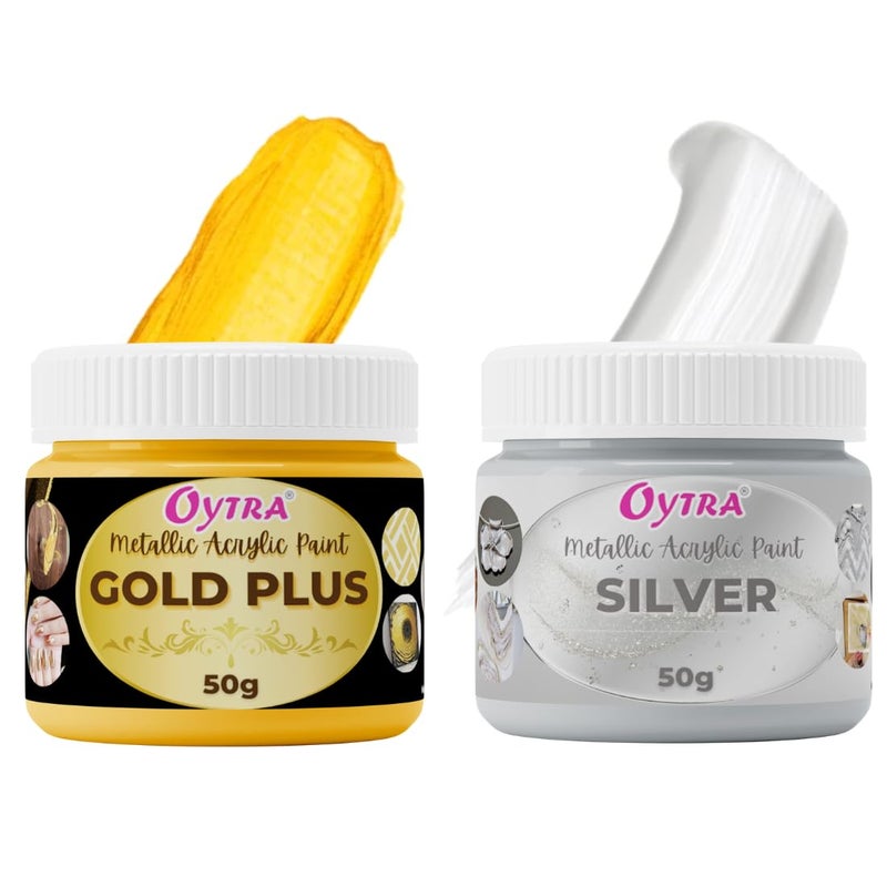 Oytra Gold Silver Metallic Paint Acrylic Colour Set for Metal Ideal for Professionals Artist Painters Craft Materials DIY Painting Drawing on Canvas Wall Wood Glass Car Rock Steel Surfaces - Image 1