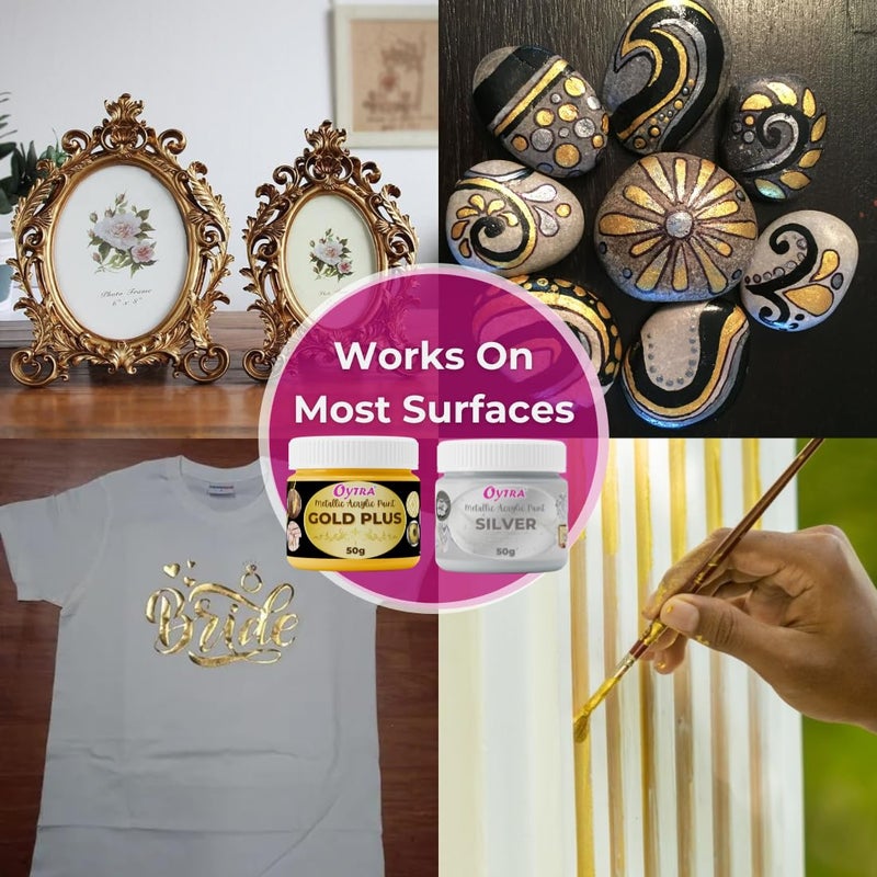Oytra Gold Silver Metallic Paint Acrylic Colour Set for Metal Ideal for Professionals Artist Painters Craft Materials DIY Painting Drawing on Canvas Wall Wood Glass Car Rock Steel Surfaces - Image 2