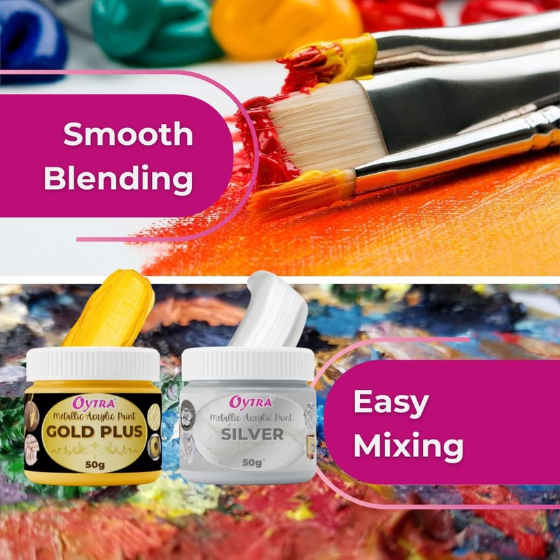 Oytra Gold Silver Metallic Paint Acrylic Colour Set for Metal Ideal for Professionals Artist Painters Craft Materials DIY Painting Drawing on Canvas Wall Wood Glass Car Rock Steel Surfaces - Image 5