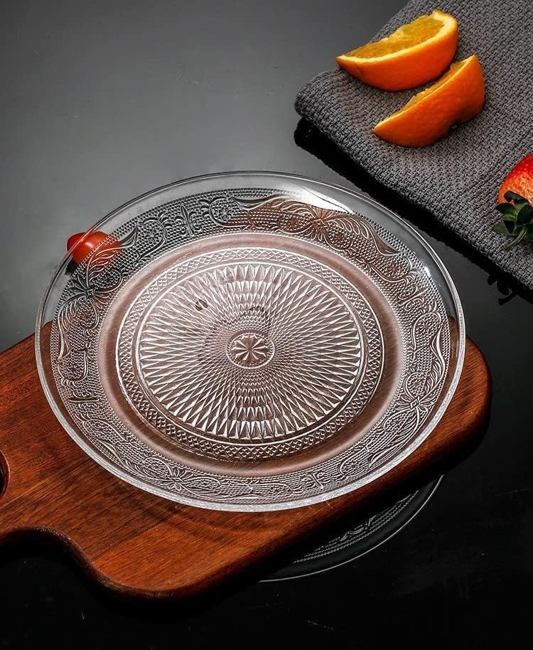 SWOPPERRY SWOPPERRY Transparent Glass Fruit Serving Plate | Elegant Vintage Embossed Glass Dinnerware | Dessert Stand for Snacks, Salad, Pasta | Decorative Glass Platter (7 INCH, Classic Design) - Image 3