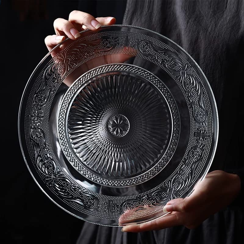 SWOPPERRY SWOPPERRY Transparent Glass Fruit Serving Plate | Elegant Vintage Embossed Glass Dinnerware | Dessert Stand for Snacks, Salad, Pasta | Decorative Glass Platter (7 INCH, Classic Design) - Image 2