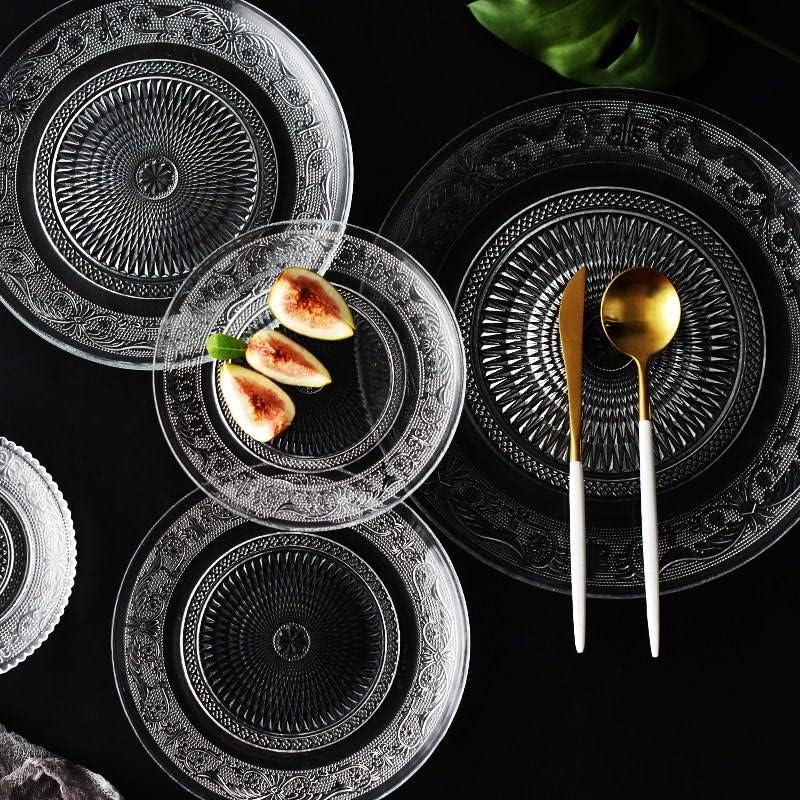 SWOPPERRY SWOPPERRY Transparent Glass Fruit Serving Plate | Elegant Vintage Embossed Glass Dinnerware | Dessert Stand for Snacks, Salad, Pasta | Decorative Glass Platter (7 INCH, Classic Design) - Image 4