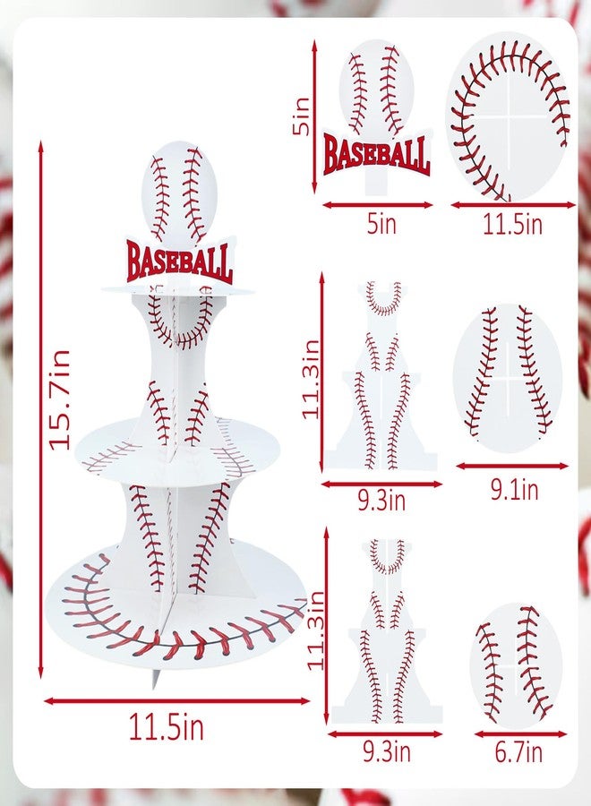 Pinsit 3 Tier Baseball Cupcake Stand with 24pcs Cupcake Toppers Baseball Theme Party Decor Birthday Cupcake Dessert Holder for Baby Shower Baseball Party Favors Sports Ball Themed - Image 3