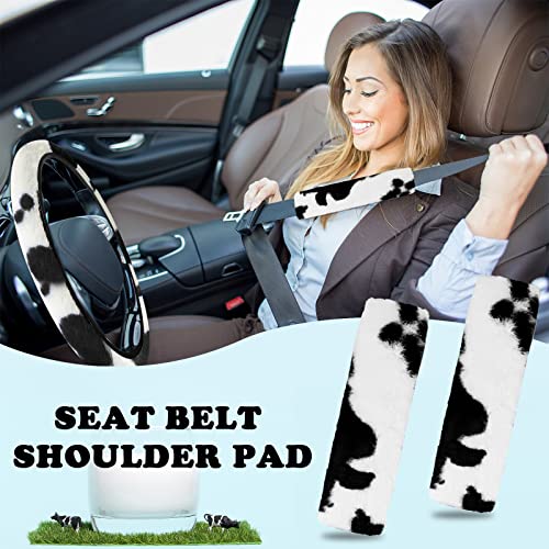 JINGSEN11 Pieces Fluffy Car Accessories Set,Fluffy Cow Print Plush Steering Wheel Covers for Women Soft Fleece Handbrake Cover Shift Cover Car Trim Warm Non-Slip (Black) - Image 4