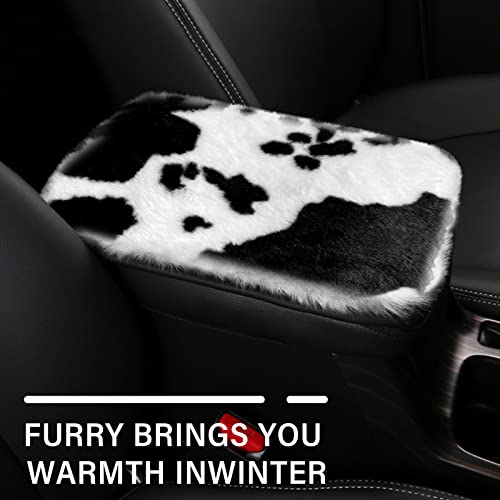 JINGSEN11 Pieces Fluffy Car Accessories Set,Fluffy Cow Print Plush Steering Wheel Covers for Women Soft Fleece Handbrake Cover Shift Cover Car Trim Warm Non-Slip (Black) - Image 5