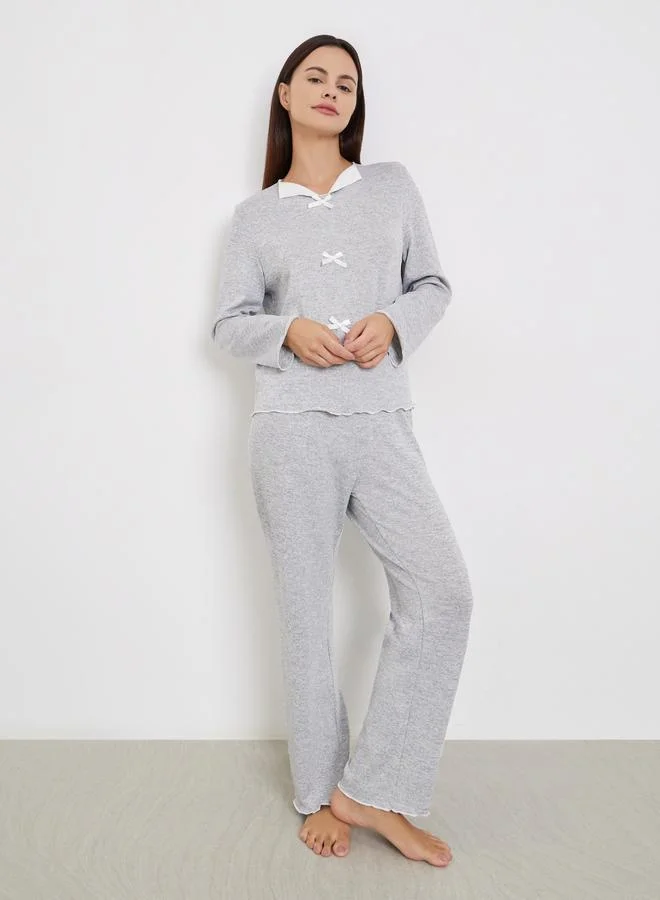 Styli Grey Texture Bow Detail T-Shirt and Pyjama Set