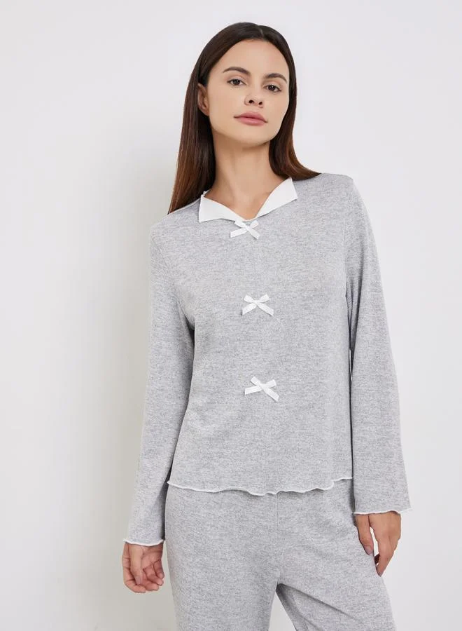 Styli Grey Texture Bow Detail T-Shirt and Pyjama Set