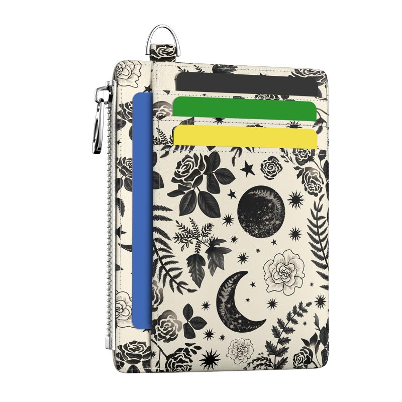 Hancynir Goth Moon Floral Slim Wallet Women Credit Card Holder Gothic Flower RFID Blocking Small Cute Card Wallets Mini Front Pocket PU Leather Thin Travel Zipper Coin Cash Ladies Female Wallet Gifts - Image 1