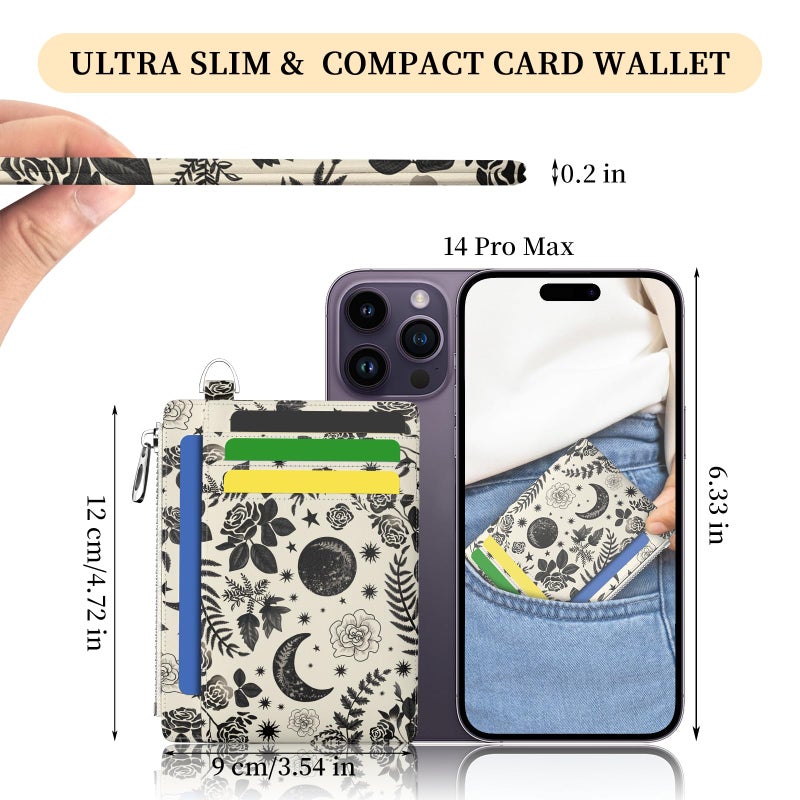 Hancynir Goth Moon Floral Slim Wallet Women Credit Card Holder Gothic Flower RFID Blocking Small Cute Card Wallets Mini Front Pocket PU Leather Thin Travel Zipper Coin Cash Ladies Female Wallet Gifts - Image 2