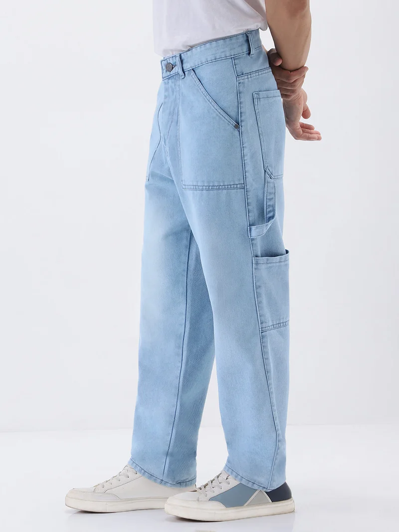 Urbano Fashion  Urbano Fashion Men's Ice Blue Loose Baggy Fit Cargo Carpenter Jeans with 6 Pockets Non-Stretchable  | Best Price UAE