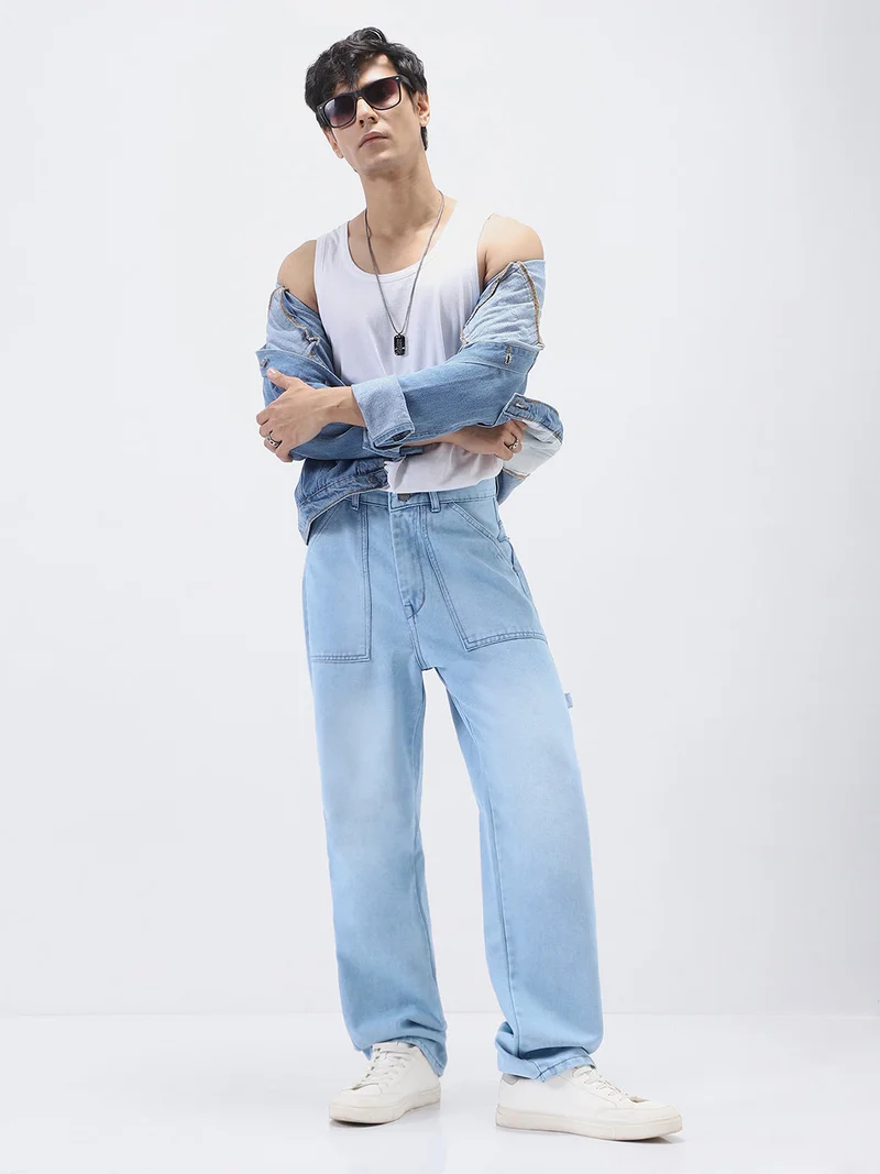Urbano Fashion  Urbano Fashion Men's Ice Blue Loose Baggy Fit Cargo Carpenter Jeans with 6 Pockets Non-Stretchable  | Best Price UAE