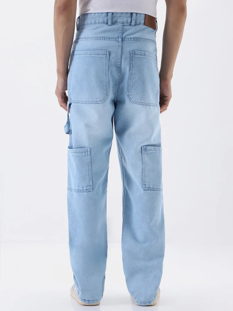 Urbano Fashion  Urbano Fashion Men's Ice Blue Loose Baggy Fit Cargo Carpenter Jeans with 6 Pockets Non-Stretchable  | Best Price UAE