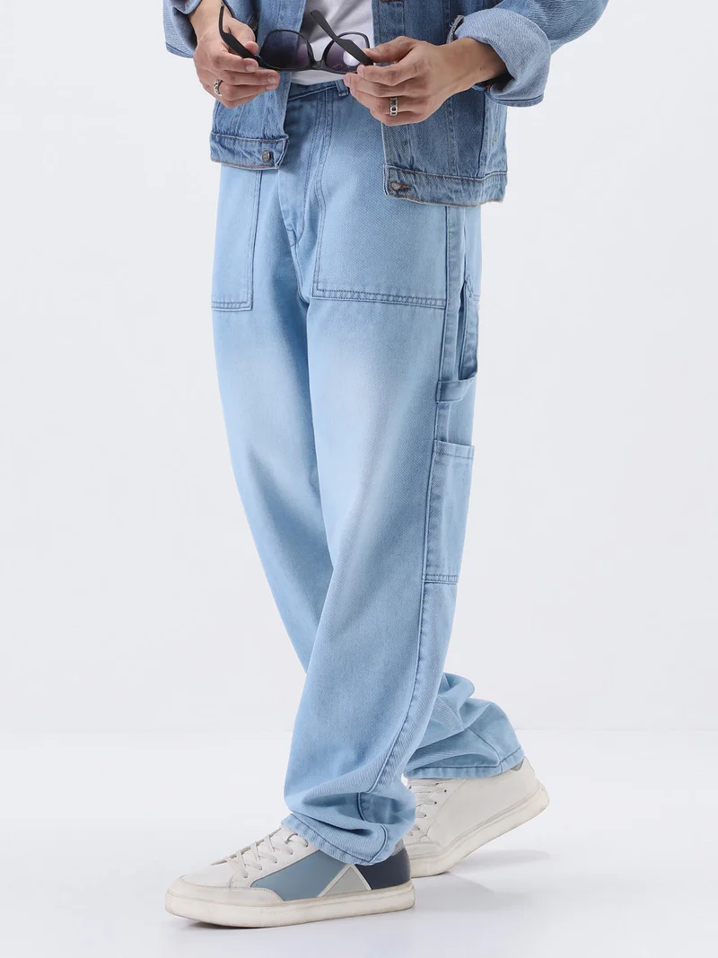Urbano Fashion Men's Ice Blue Loose Baggy Fit Cargo Carpenter Jeans with 6 Pockets Non-Stretchable