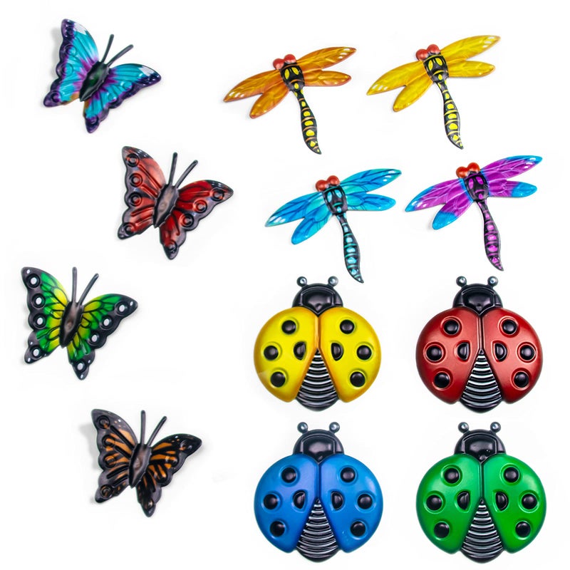foxany Metal Butterfly Wall Decor 4 Butterflies and 4 Dragonfly 4 Ladybugs Wall Decor Sculpture Hanging Outdoor Garden Fence Art for Patio Backyard Home Farmhouse Set of 12