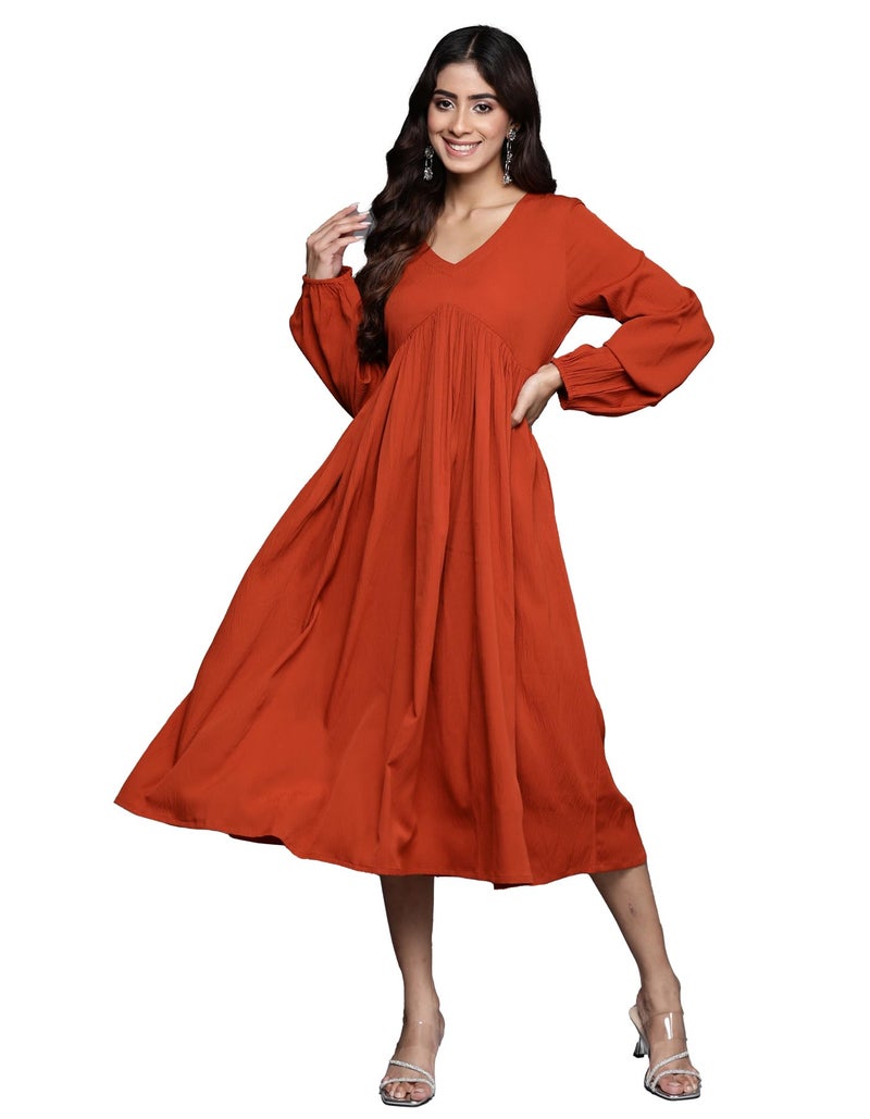 Varanga Women rust A-line dress with v - neck, bishop sleeves and flared hem designed in calf length for comfortable casual wear. - Image 1