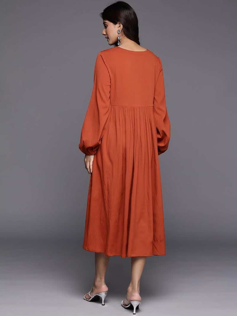 Varanga Women rust A-line dress with v - neck, bishop sleeves and flared hem designed in calf length for comfortable casual wear. - Image 3