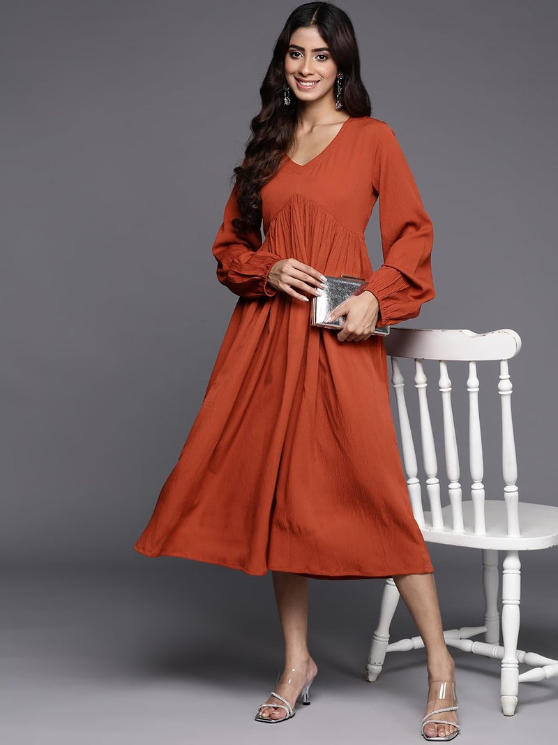 Varanga Women rust A-line dress with v - neck, bishop sleeves and flared hem designed in calf length for comfortable casual wear. - Image 5