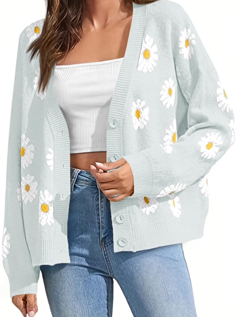 Ebifin Women's Floral Print Cardigan Long Sleeve Open Front Button Down V Neck Knitted Sweaters - Image 1