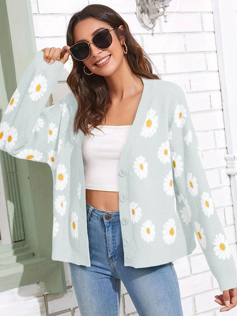 Ebifin Women's Floral Print Cardigan Long Sleeve Open Front Button Down V Neck Knitted Sweaters - Image 2