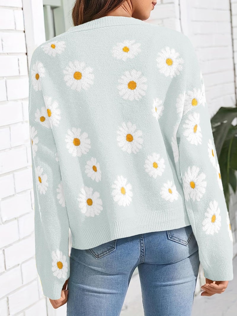 Ebifin Women's Floral Print Cardigan Long Sleeve Open Front Button Down V Neck Knitted Sweaters - Image 4