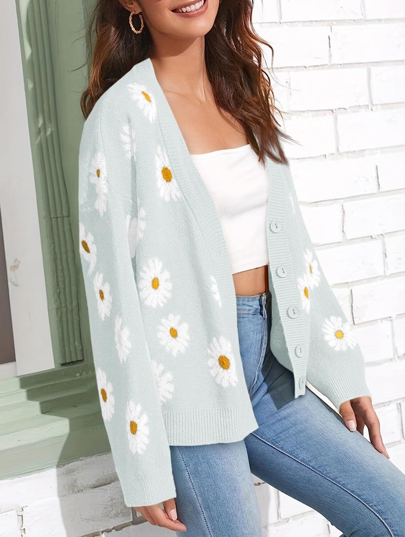 Ebifin Women's Floral Print Cardigan Long Sleeve Open Front Button Down V Neck Knitted Sweaters - Image 3
