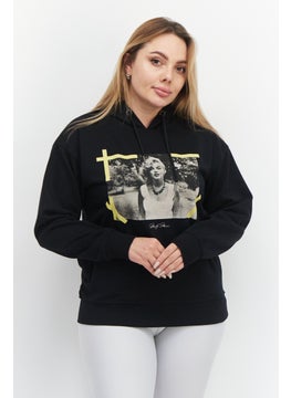Women Hooded Printed Long Sleeve Sweatshirts, Black