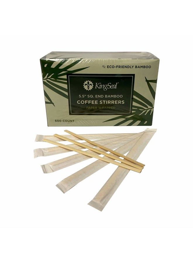 KingSeal Individually Paper Wrapped Bamboo Coffee Stir Sticks, 5.5 inches, Square End, 100% Renewable and Biodegradable - 2 Boxes of 500 Stirrers Each - Image 1