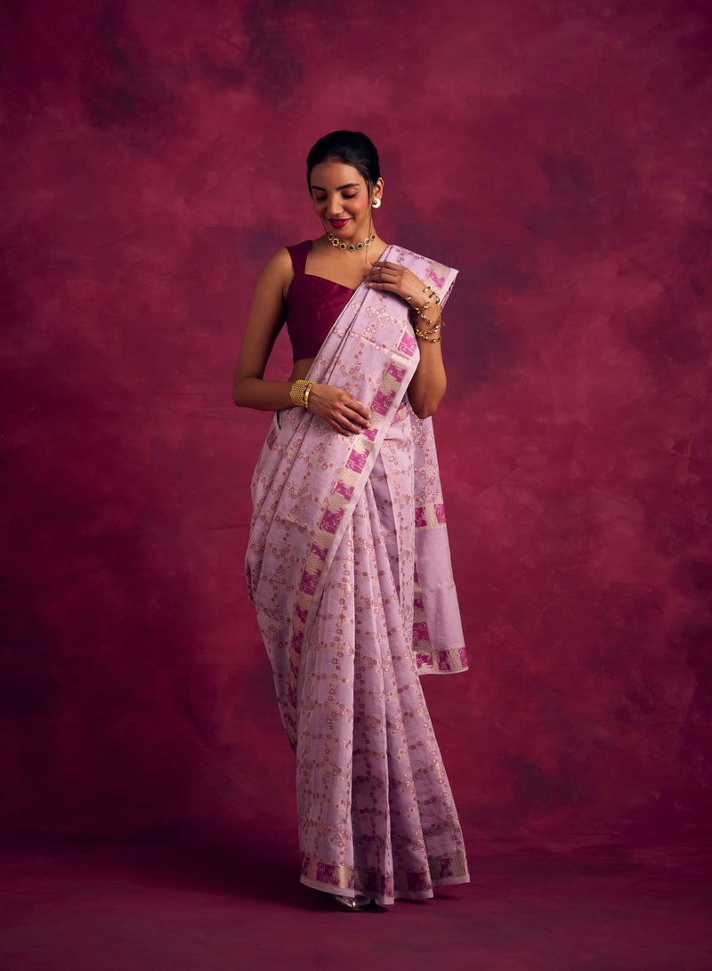 Abhishti Banarasi sakura checks woven zari saree-Lavender  - Image 1
