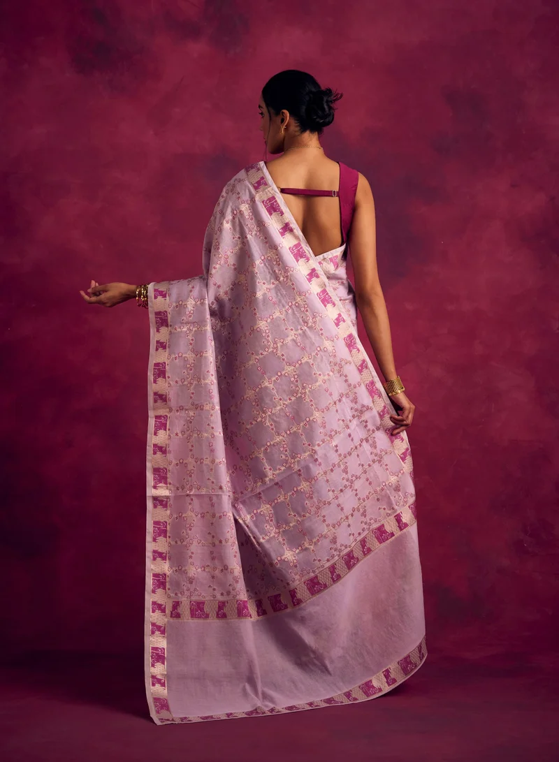 Abhishti Banarasi sakura checks woven zari saree-Lavender