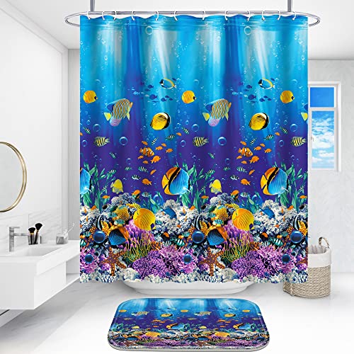 Poedist 4 Pcs Bathroom Shower Curtain SetKids Bathroom SetShower Curtain Sets with RugsBath MatU Shape and Toilet Lid Cover Mat and 12 HooksBlue Underwater World - Image 3