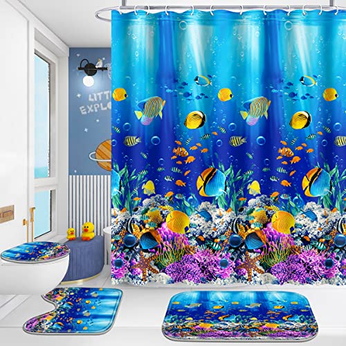 Poedist 4 Pcs Bathroom Shower Curtain SetKids Bathroom SetShower Curtain Sets with RugsBath MatU Shape and Toilet Lid Cover Mat and 12 HooksBlue Underwater World - Image 1
